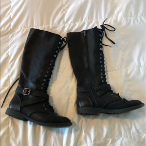Black leather calf combat boots